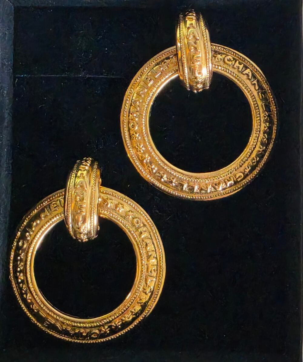 Vintage Chanel oversized CC hoop earrings Huggies w CHANEL logo gift box or bag